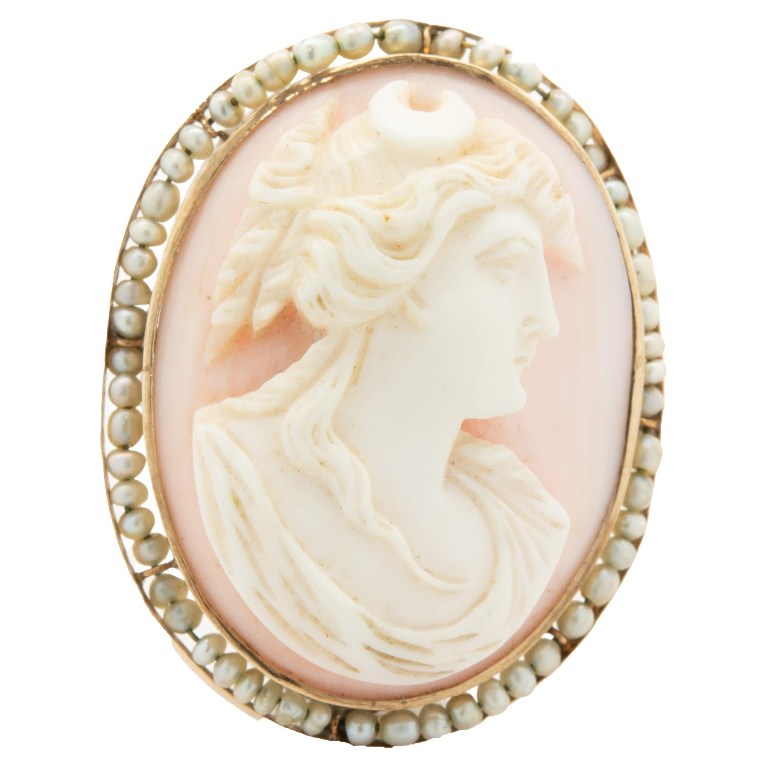 10 Karat Yellow Gold Cameo Pin with Seed Pearls For Sale