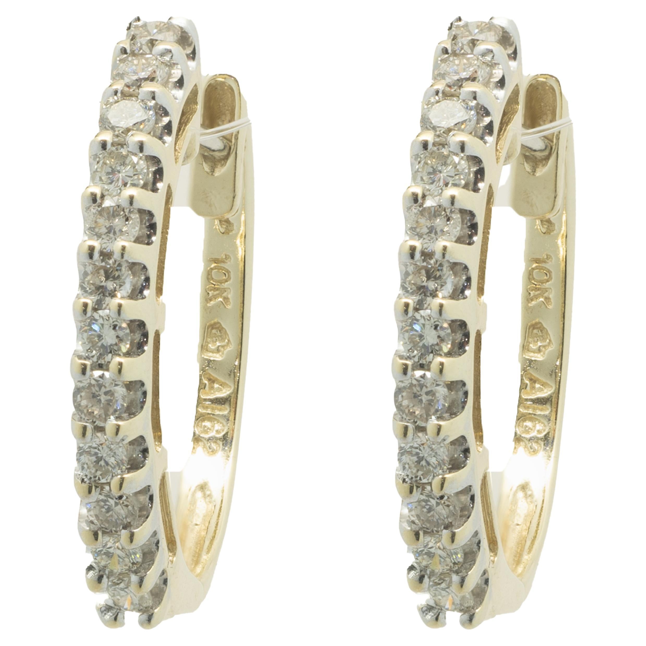10 Karat Yellow Gold Champagne Diamond Hoop Earrings For Sale