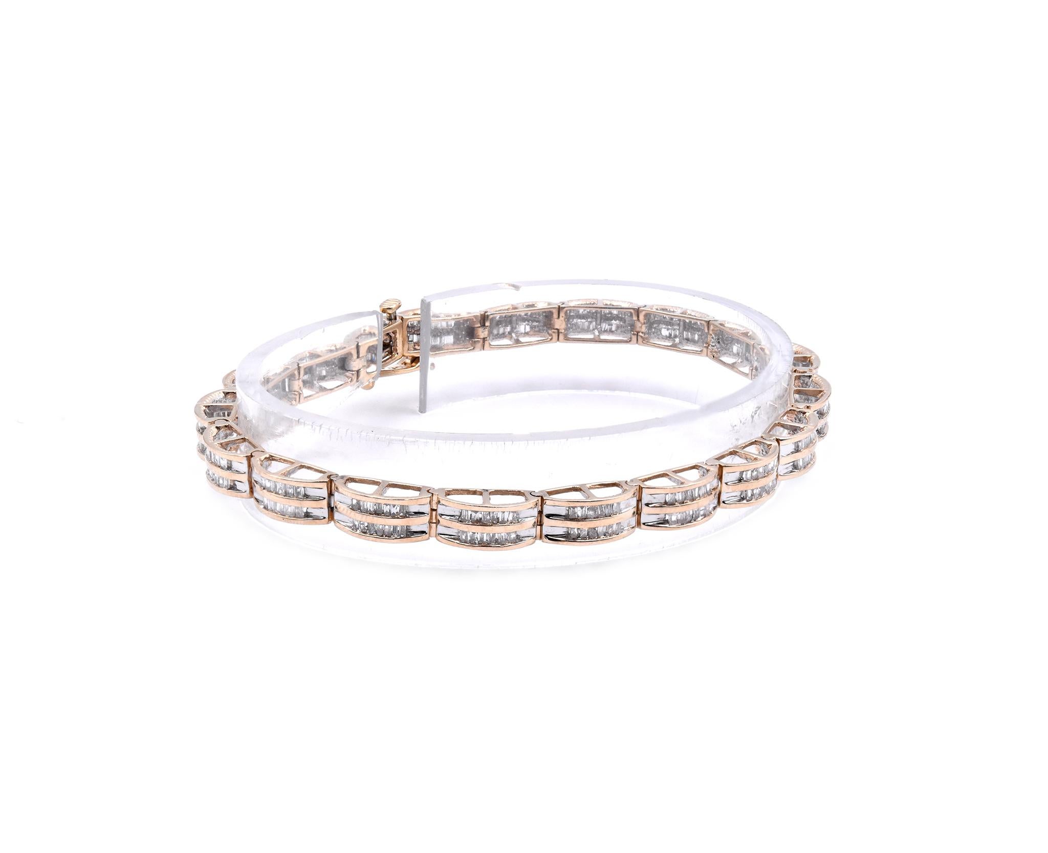 Material: 10K yellow gold
Diamonds: 228 baguette cut = 2.28cttw
Color: H
Clarity: SI2
Dimensions: bracelet will fit up to a 7-inch wrist
Weight: 11.67 grams
