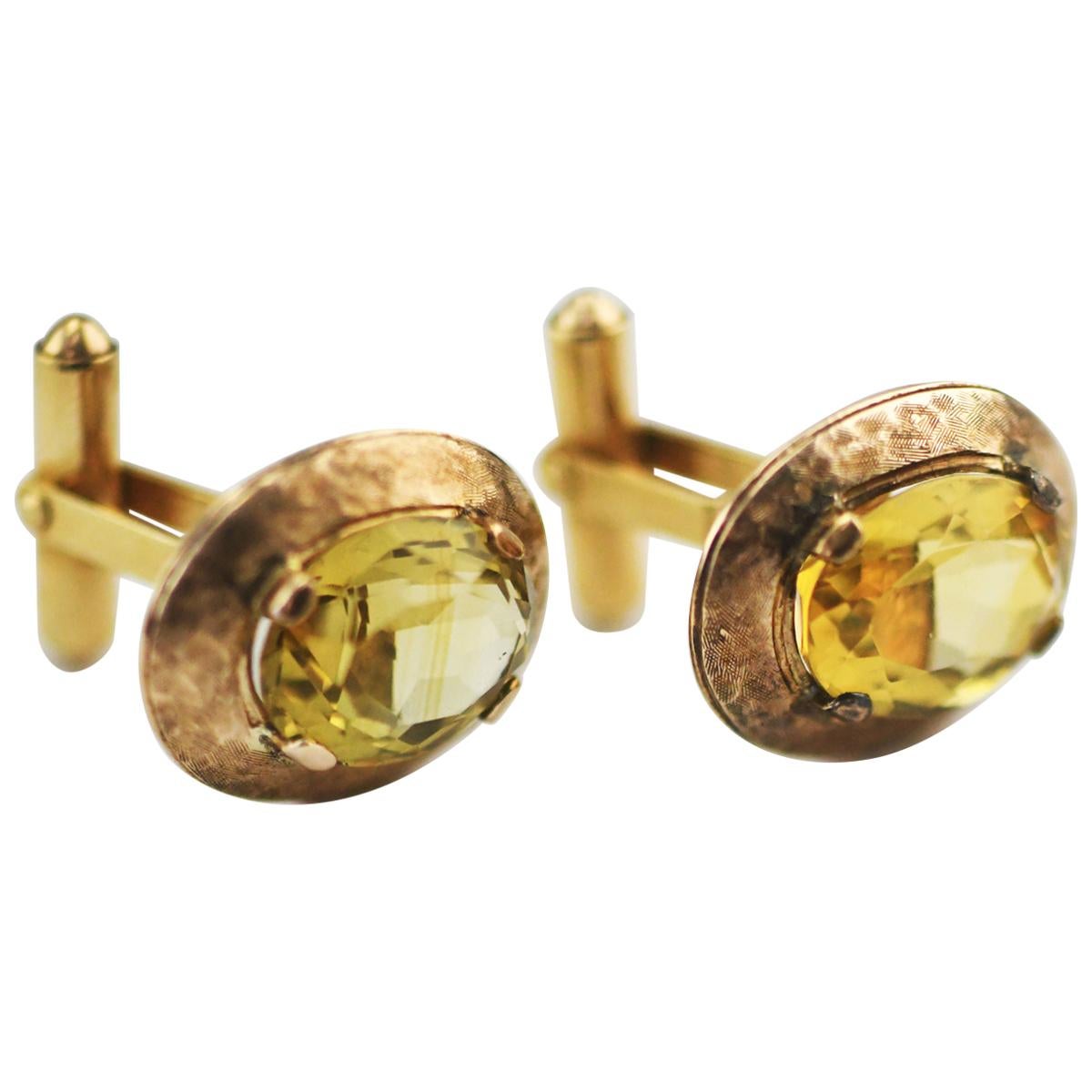 10 Karat Yellow Gold Cufflinks with Natural Yellow Citrine Stones For Sale