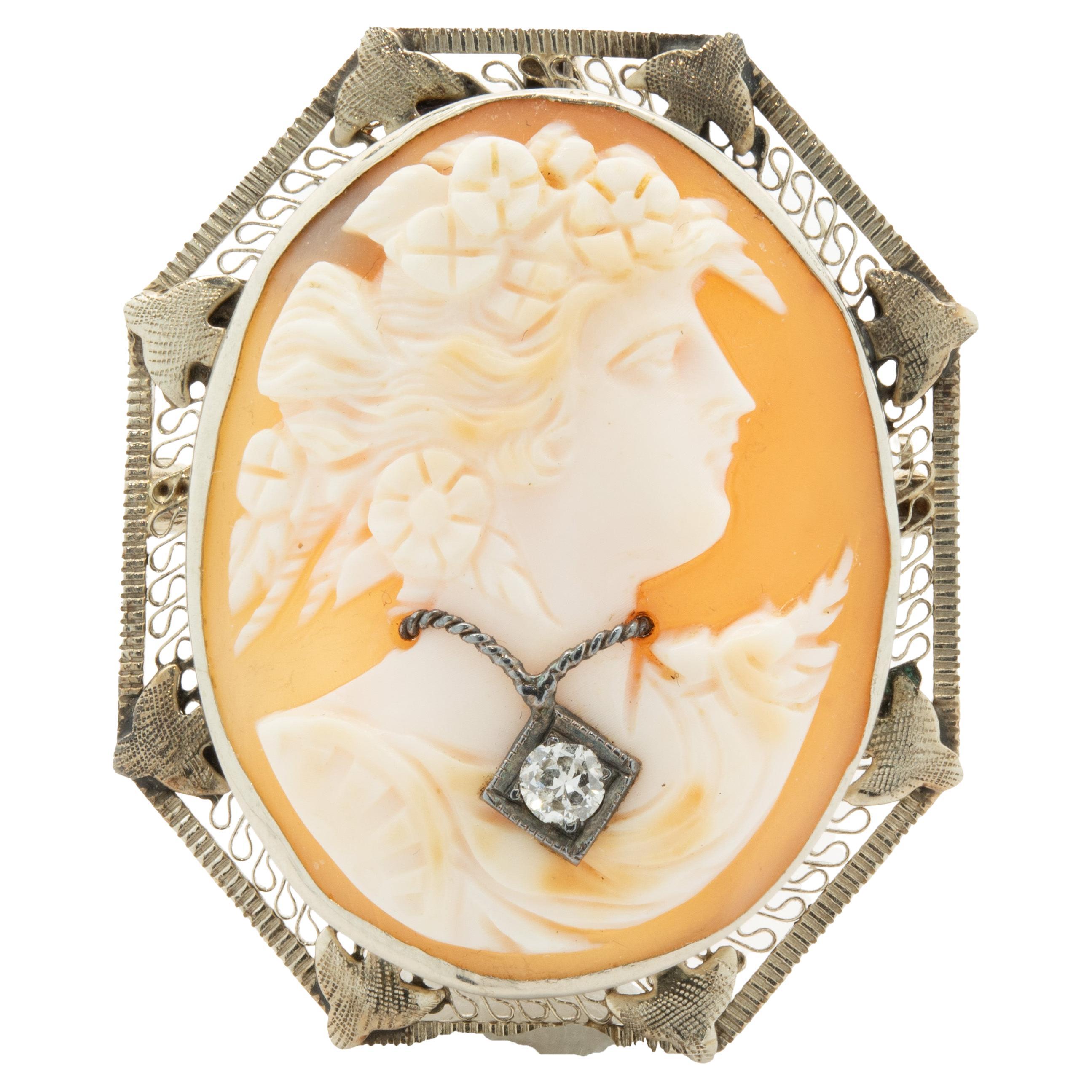 10 Karat Yellow Gold Diamond Cameo Pin 