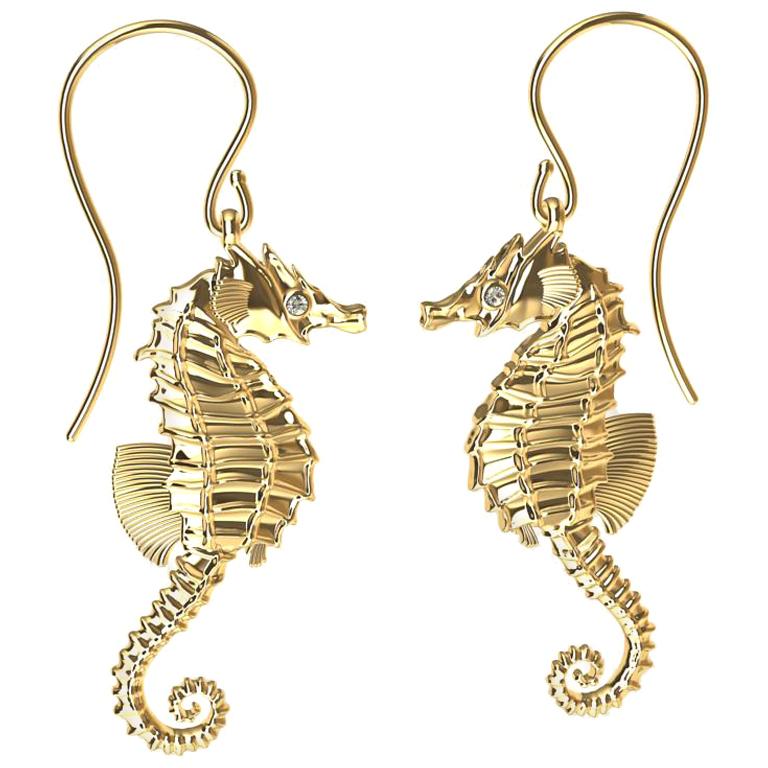 Contemporary 10 Karat Yellow Gold Diamond Sea Horse Earrings