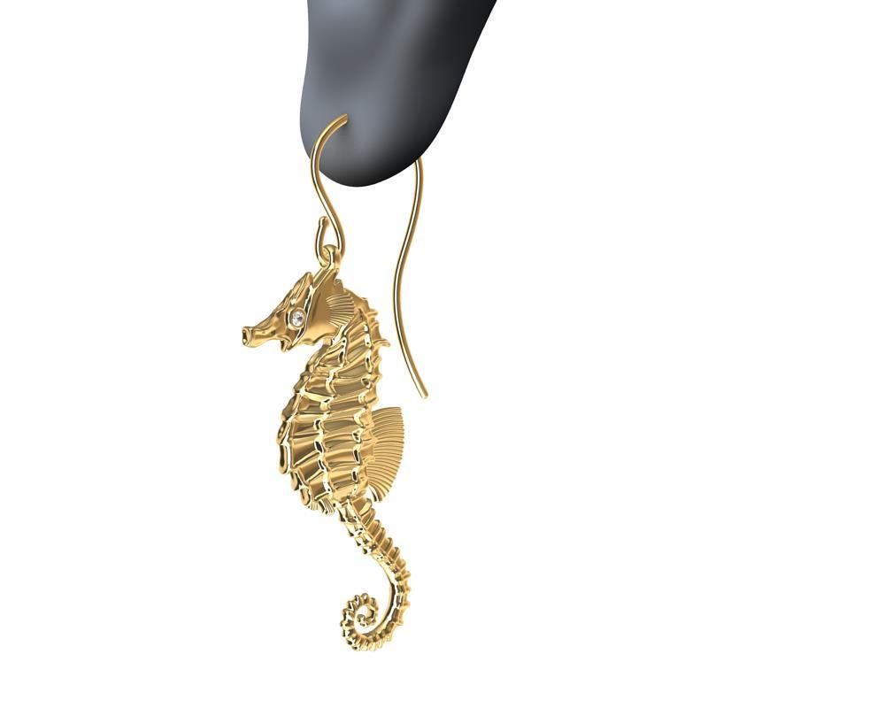 10 Karat Yellow Gold Diamond Sea Horse Earrings For Sale 1