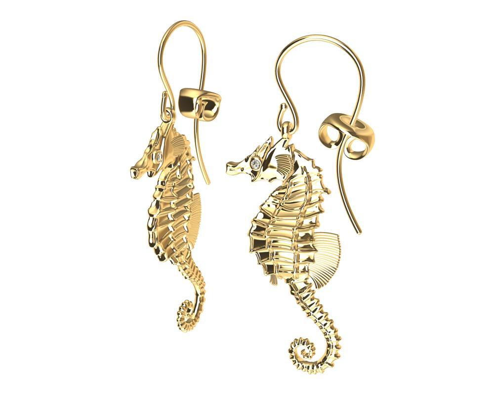 10 Karat Yellow Gold Diamond Sea Horse Earrings For Sale 3