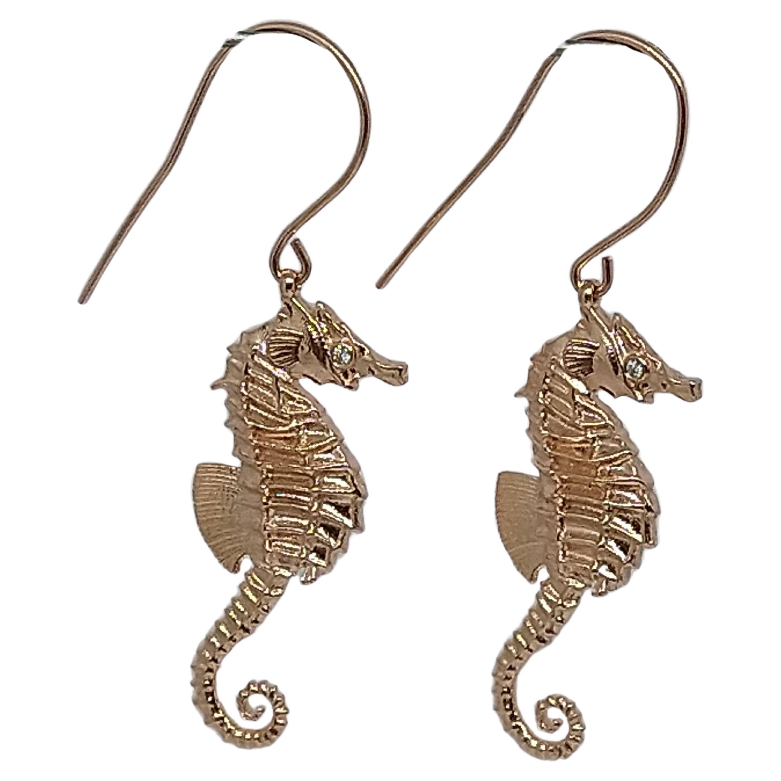 10 Karat Yellow Gold Diamond Sea Horse Earrings For Sale