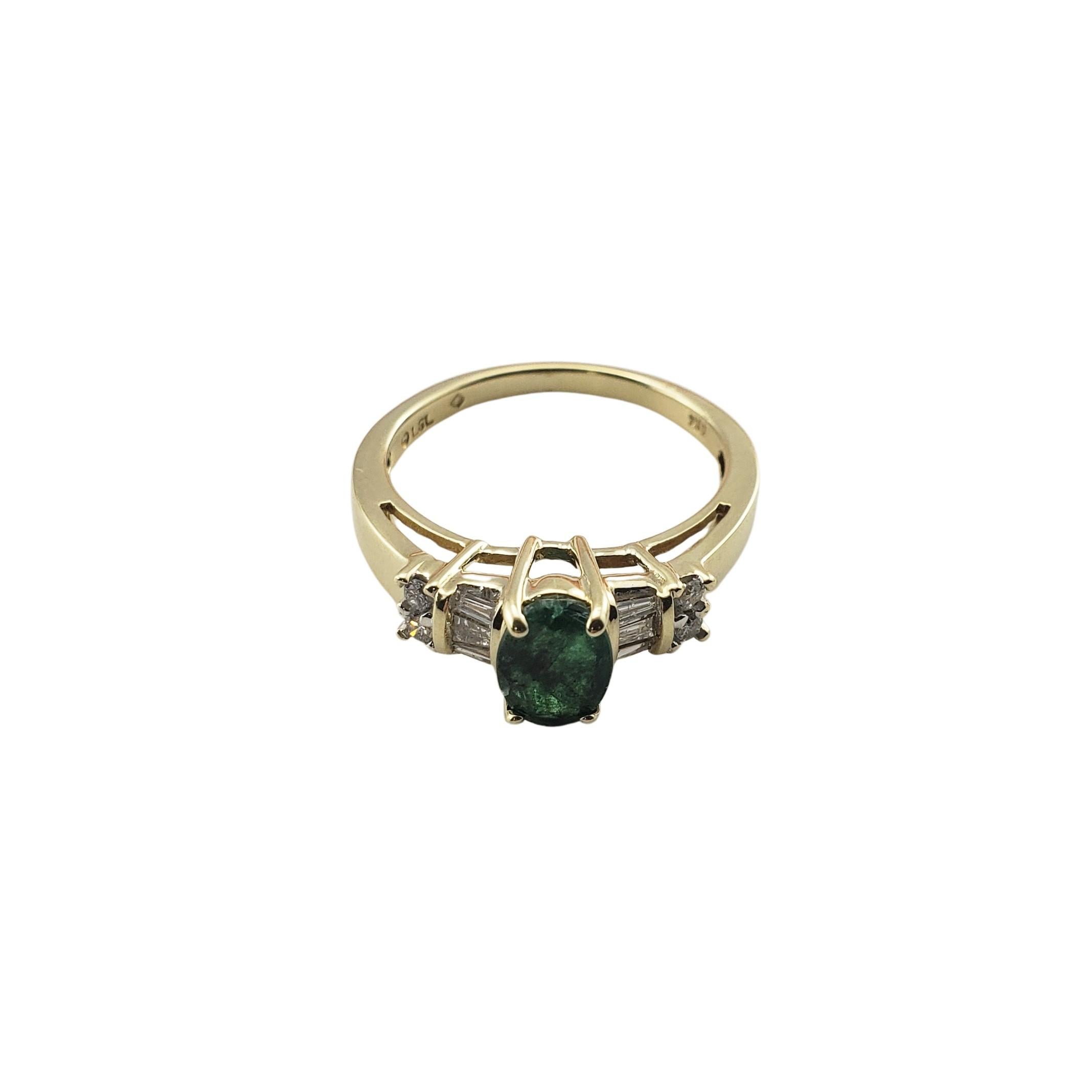 10 Karat Yellow Gold Emerald and Diamond Ring Size 7-

This lovely ring features one oval emerald (7 mm x 6 mm), six baguette diamonds and four round brilliant cut diamonds set in 10K yellow gold.  Shank:  2 mm.

Approximate total diamond weight: 