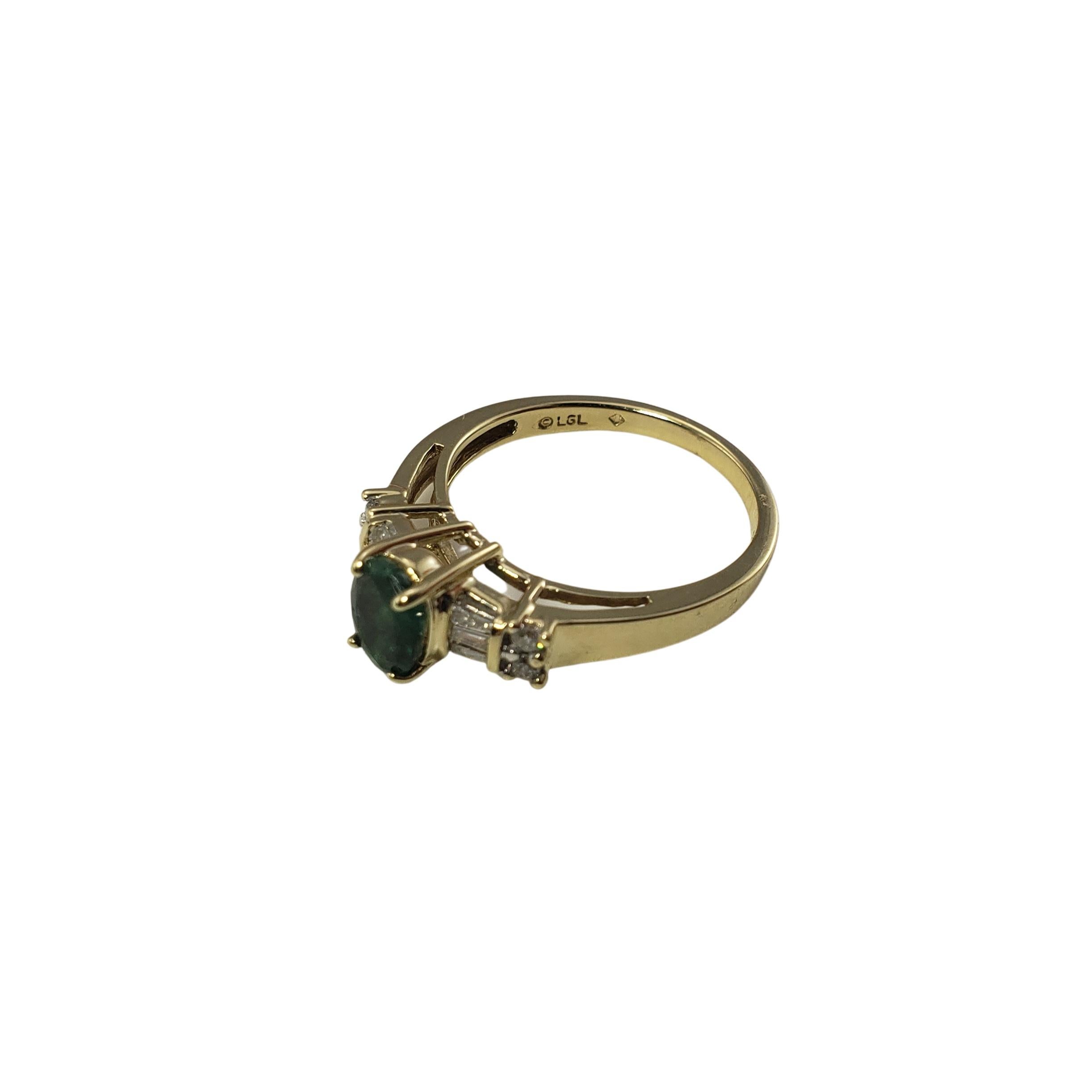Baguette Cut 10 Karat Yellow Gold Emerald and Diamond Ring For Sale