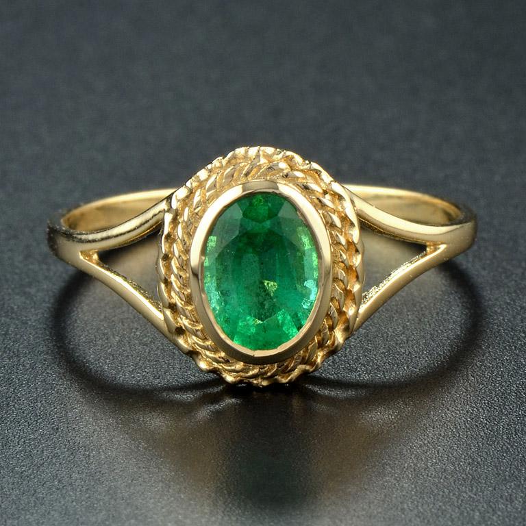Natural Emerald Cocktail Ring in Victorian Style.
Lovely Cocktail Ring with Emerald for everyday look :)
Emerald (Oval 7 mm. x 5 mm.) is 1.0 ct. 

The ring was made in 10K Yellow Gold, Ring size US#7.5

* The ring can be sized 1 size without extra