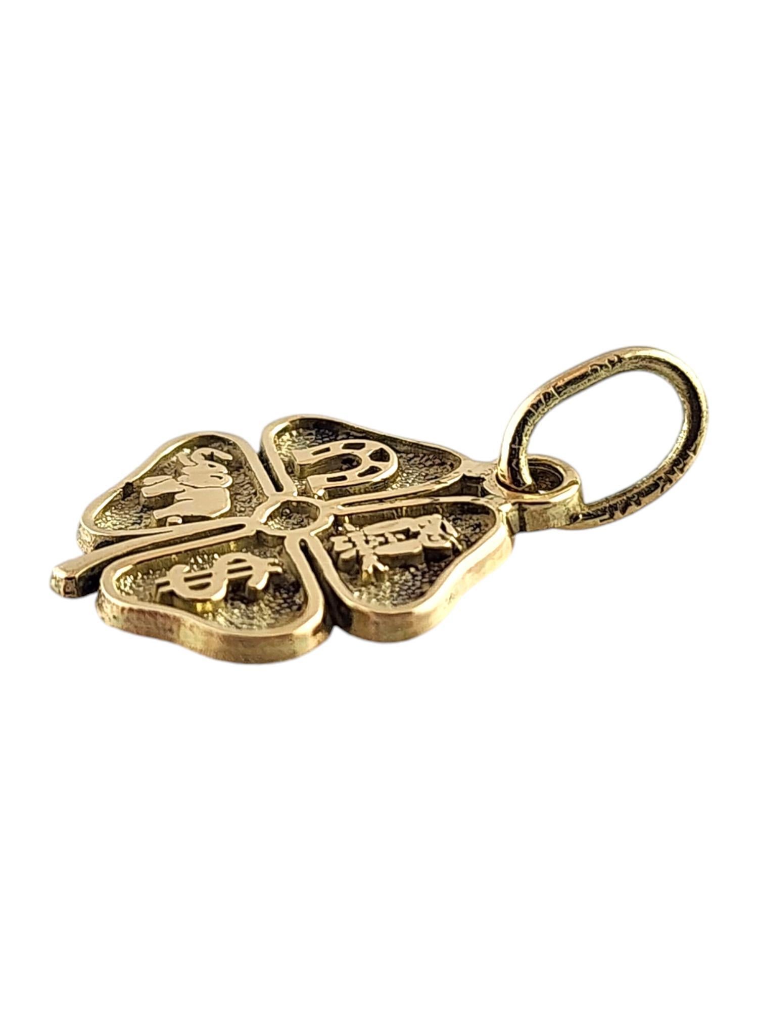 10 Karat Yellow Gold Four Leaf Clover Charm with Lucky Symbols

This adorable 4 leaf clover charm was meticulously crafted from 10K yellow gold and is decorated with a horseshoe, a money sign ($), an owl, and an elephant to bring extra luck into