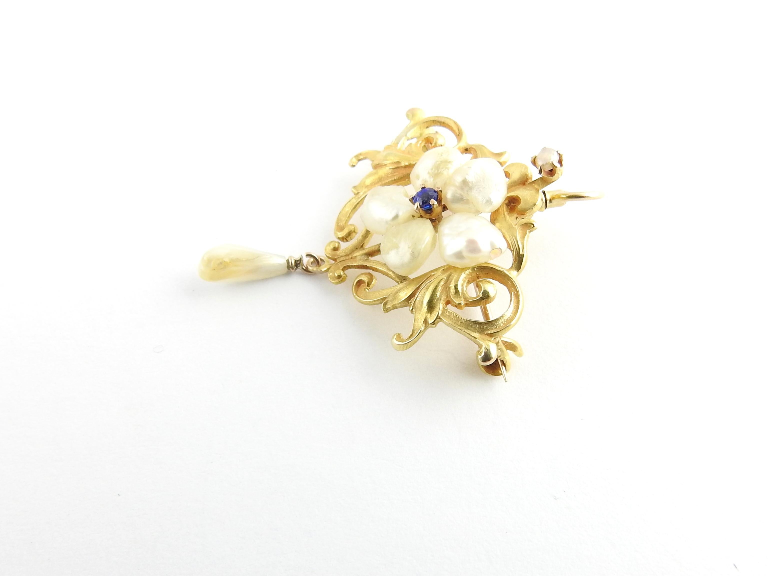 Round Cut 10 Karat Yellow Gold Freshwater Pearl and Blue Stone Pendant / Brooch For Sale