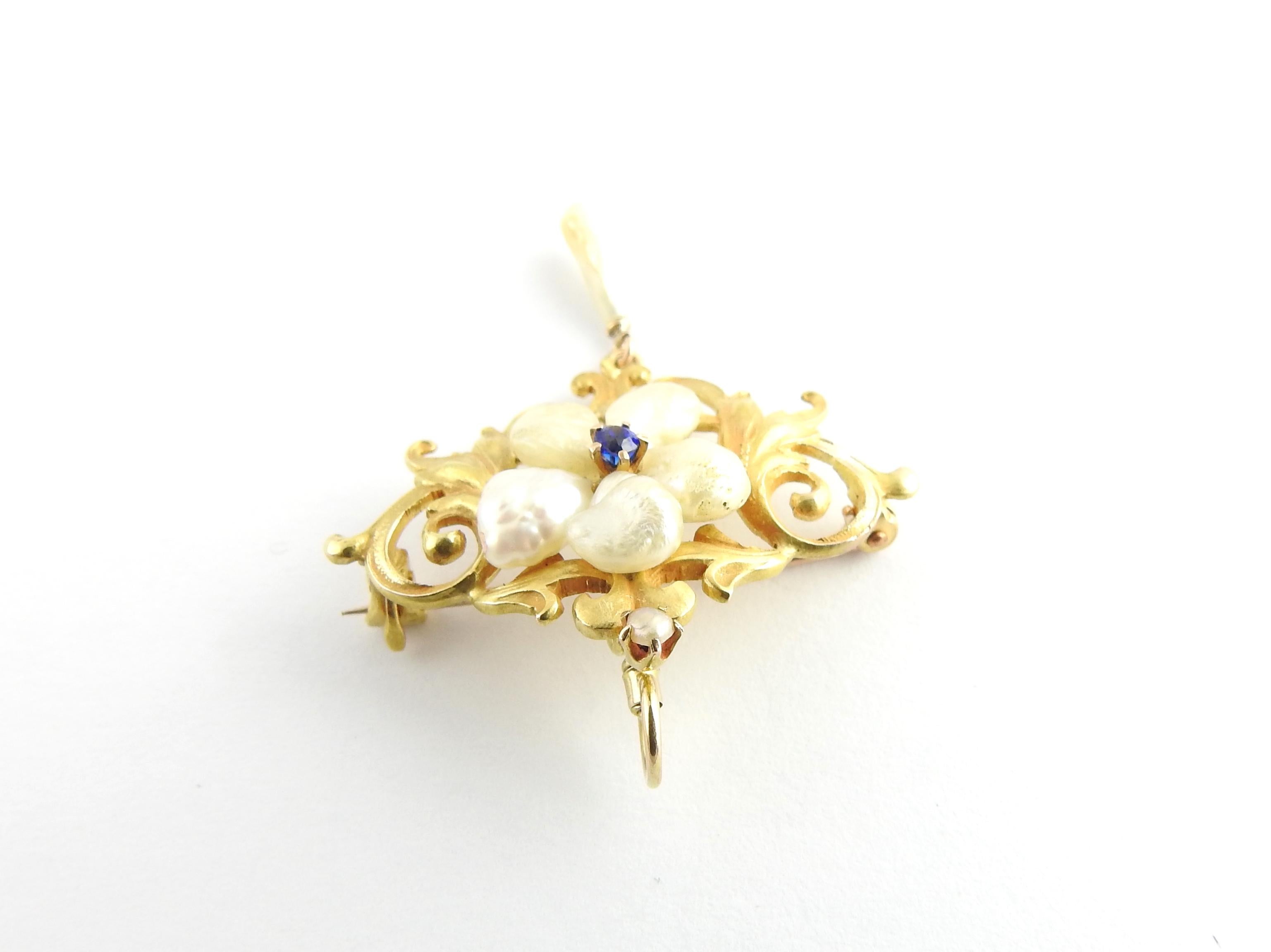 10 Karat Yellow Gold Freshwater Pearl and Blue Stone Pendant / Brooch In Good Condition For Sale In Washington Depot, CT