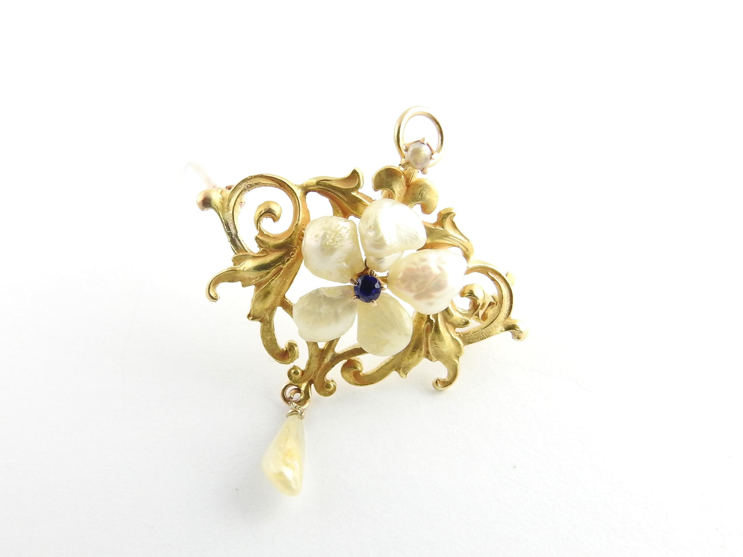 10 Karat Yellow Gold Freshwater Pearl and Blue Stone Pendant / Brooch For Sale 1