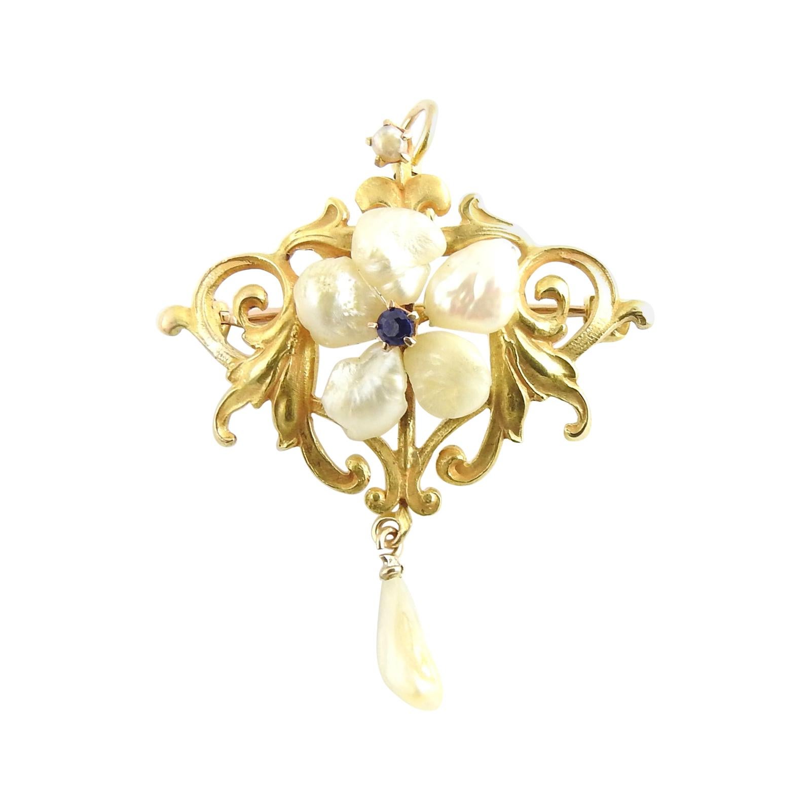 10 Karat Yellow Gold Freshwater Pearl and Blue Stone Pendant / Brooch For Sale