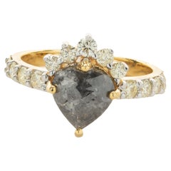 10 Karat Yellow Gold Heart Shaped Galaxy Diamond Ring with Diamond Crown