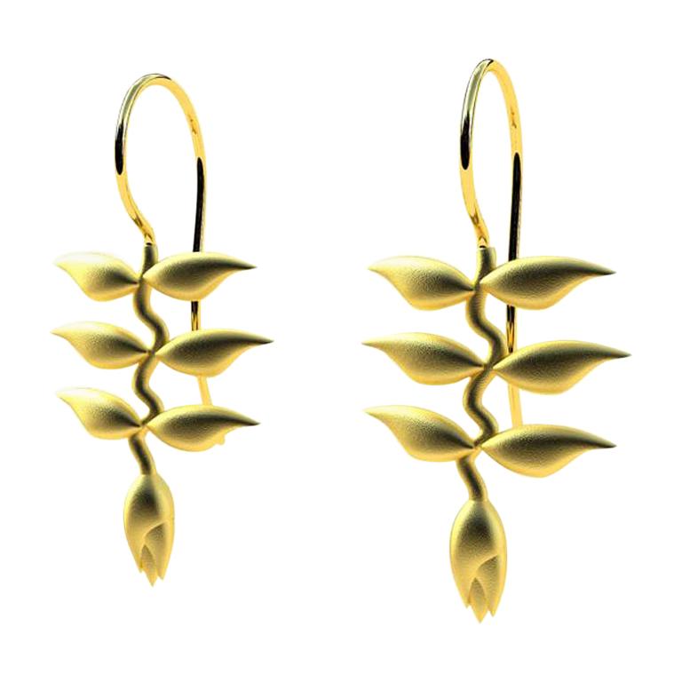 10 Karat Yellow Gold Heliconia Dangle Earrings For Sale