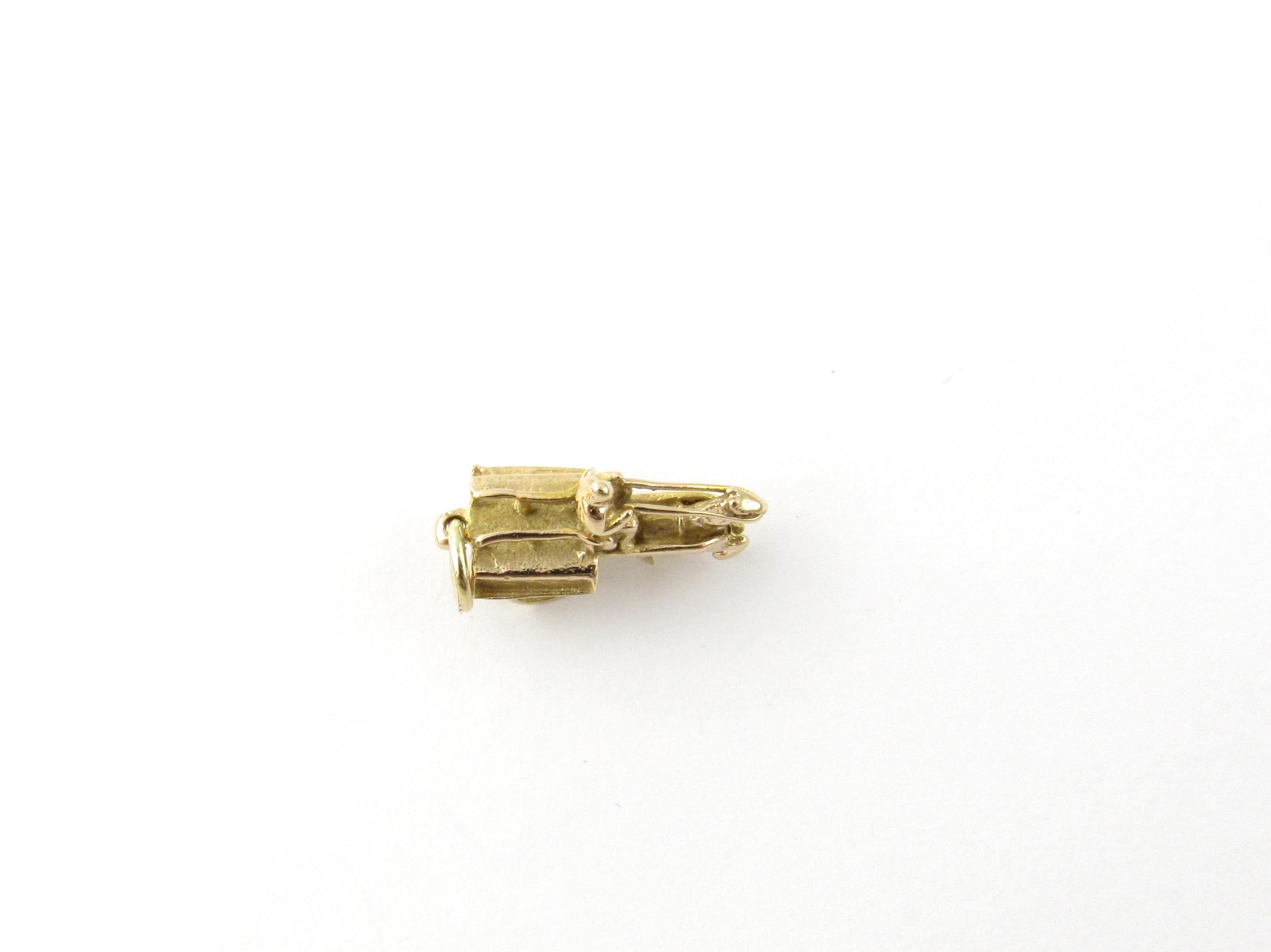 Vintage 14 Karat Yellow Gold Horse and Cart Charm

This lovely 3D charm features a horse pulling a driver and cart with moving wheels. Beautifully crafted in 10K yellow gold.

Size: 20 mm x 14 mm (actual charm)

Weight: 1.7 dwt. / 2.7 gr.

Acid