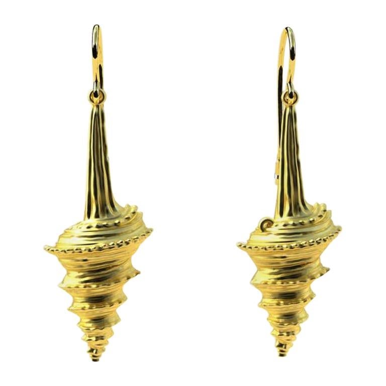 14 Karat Yellow Gold Turris Shell Earring Dangles For Sale