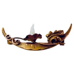 10 Karat Yellow Gold Matt Intricate Floral Design Moon Brooch with Biwa Pearl