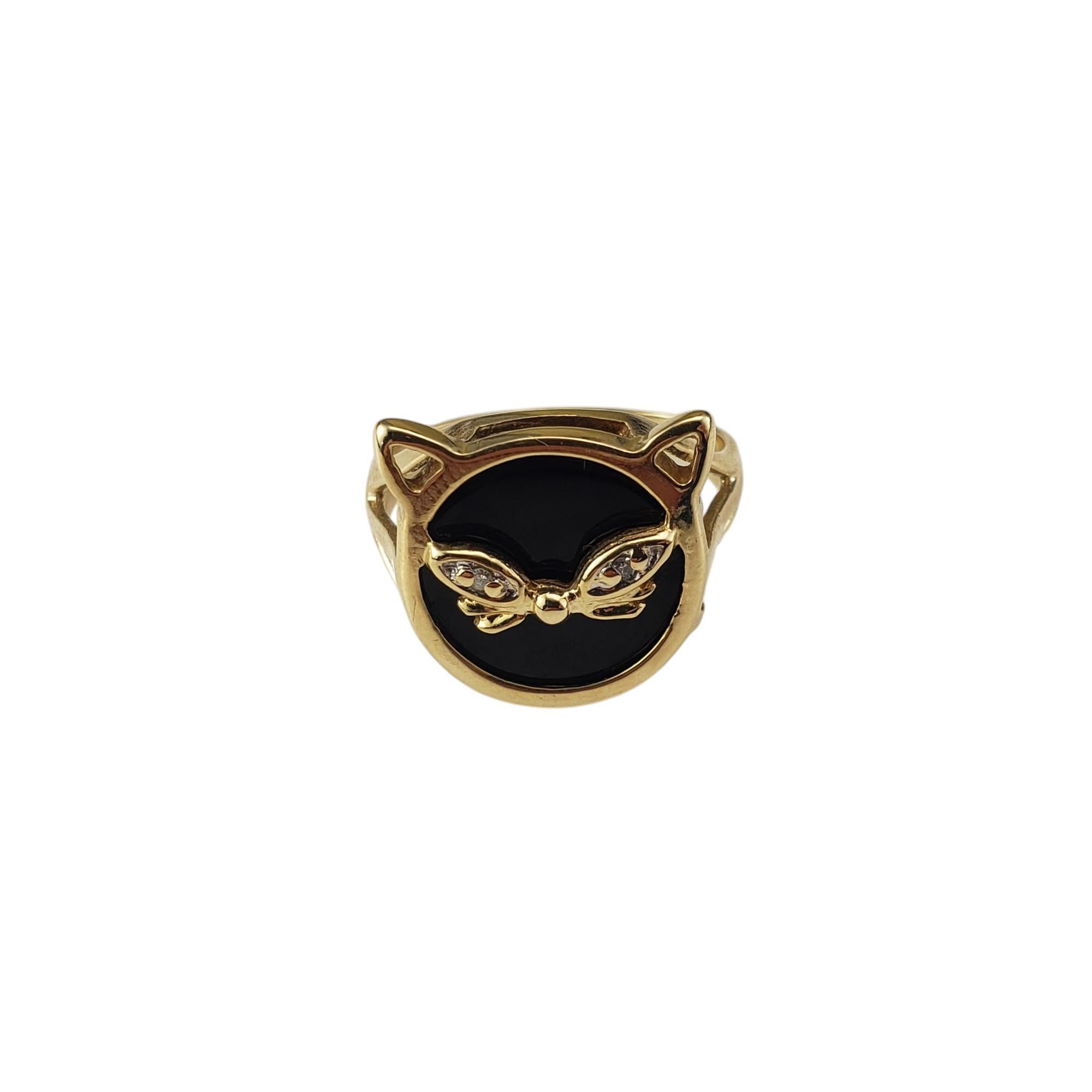 10 Karat Yellow Gold Onyx and Diamond Cat Ring Size 6

Perfect for the cat lover! This lovely ring features a round black onyx cat face with single cut diamond accent eyes set in classic 10K yellow gold.

 Width: 17 mm. Shank: 2 mm.

Ring Size: