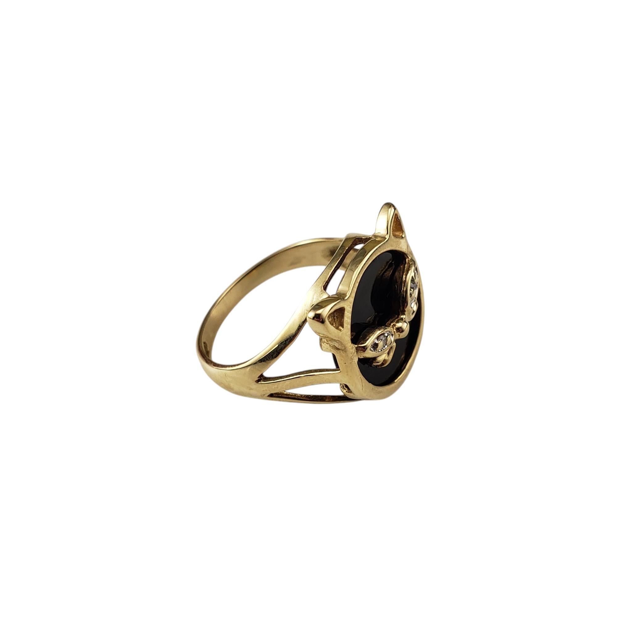 Round Cut 10 Karat Yellow Gold Onyx and Diamond Cat Ring Size 6 #20651