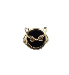 10 Karat Yellow Gold Onyx and Diamond Cat Ring Size 6 #20651