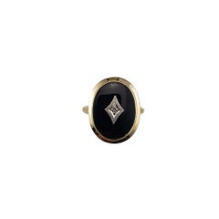 10 Karat Yellow Gold Onyx and Diamond Signet Ring Size 5.5 #20402