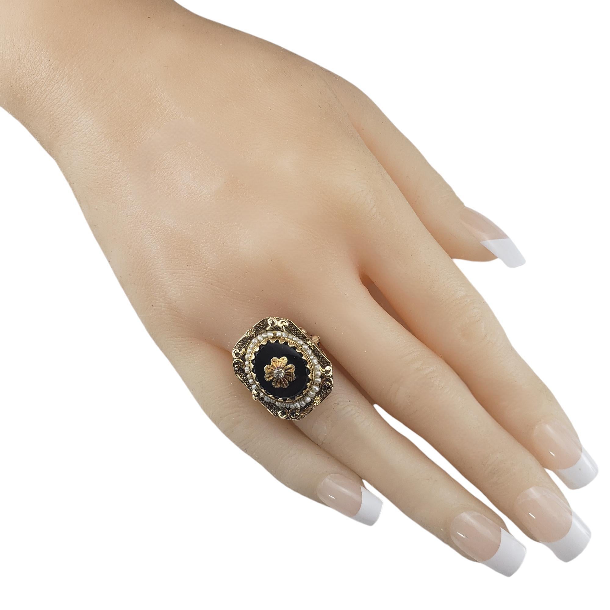 10 Karat Yellow Gold Onyx and Seed Pearl Ring Size 7 #18658 For Sale 1