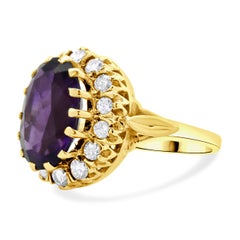 10 Karat Yellow Gold Oval Amethyst and Diamond Cocktail Ring