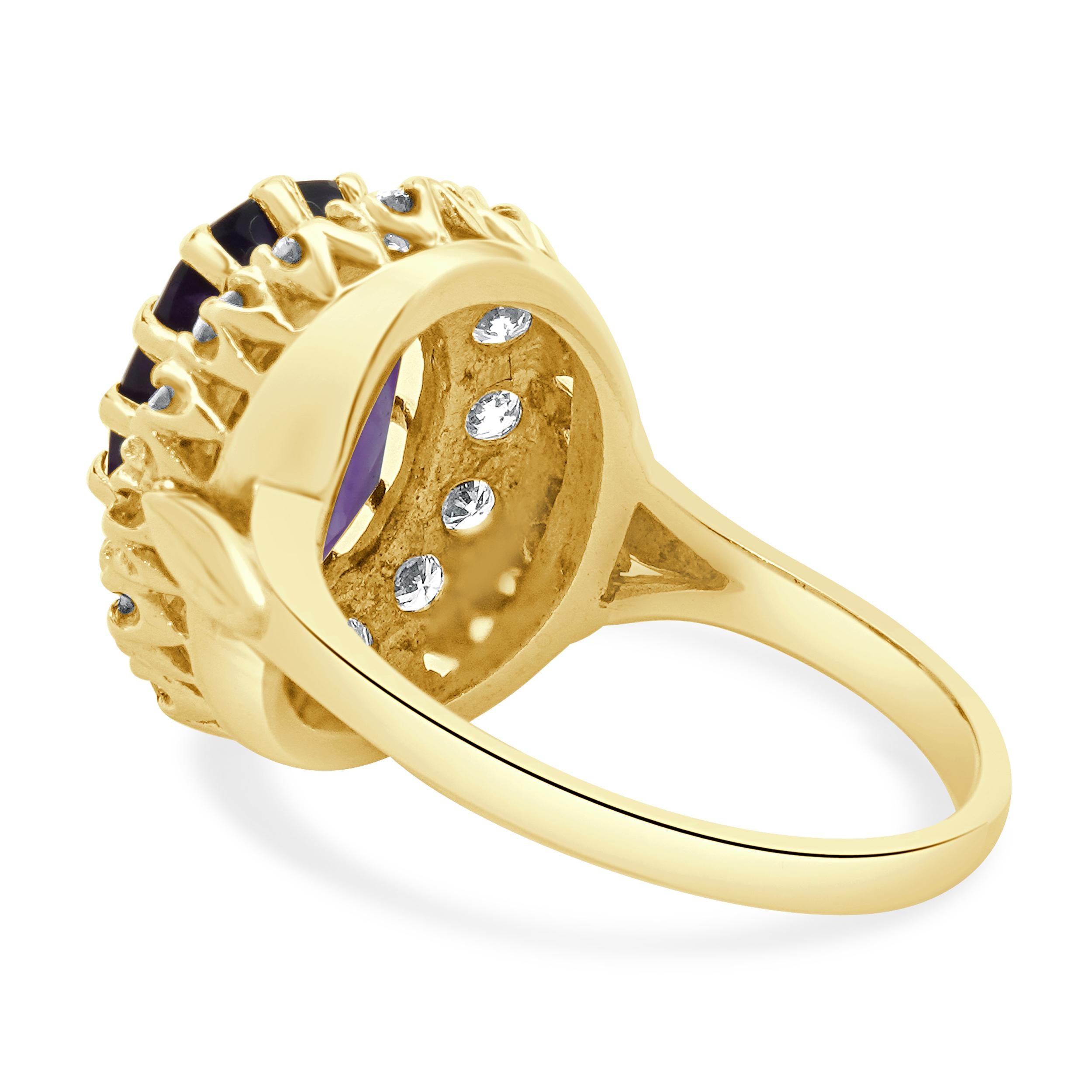 Oval Cut 10 Karat Yellow Gold Oval Amethyst and Diamond Cocktail Ring For Sale