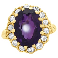 10 Karat Yellow Gold Oval Amethyst and Diamond Cocktail Ring