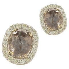 10 Karat Yellow Gold Oval Cut Galaxy Diamond Earrings with Diamond Halo