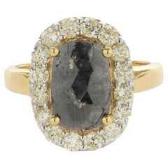 10 Karat Yellow Gold Oval Cut Galaxy Diamond Ring with Diamond Halo
