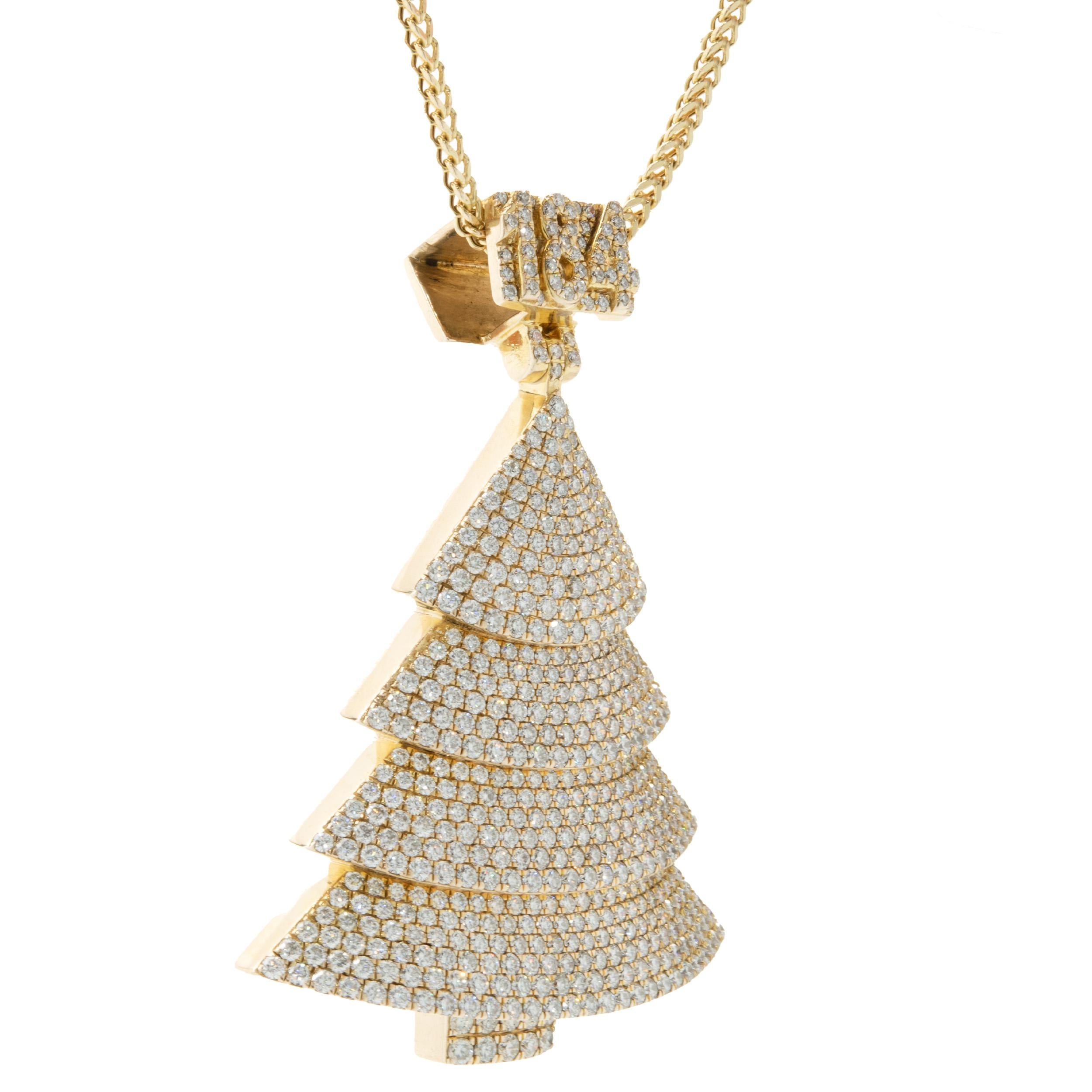 Round Cut 10 Karat Yellow Gold Pave Diamond “184” Pine Tree Necklace For Sale