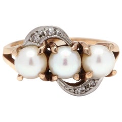 10 Karat Yellow Gold, Pearl and Diamond 3-Stone Statement Ring