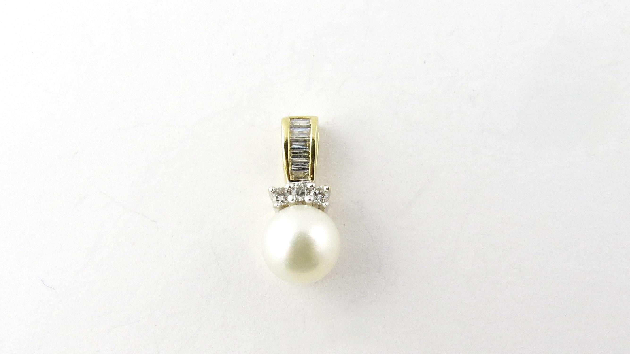 Vintage 10 Karat Yellow Gold Pearl and Diamond Pendant- 
This stunning pendant features one 7 mm pearl accented with three round brilliant cut diamonds and five baguette diamonds set in classic 10K yellow gold. 
Approximate total diamond weight: .15