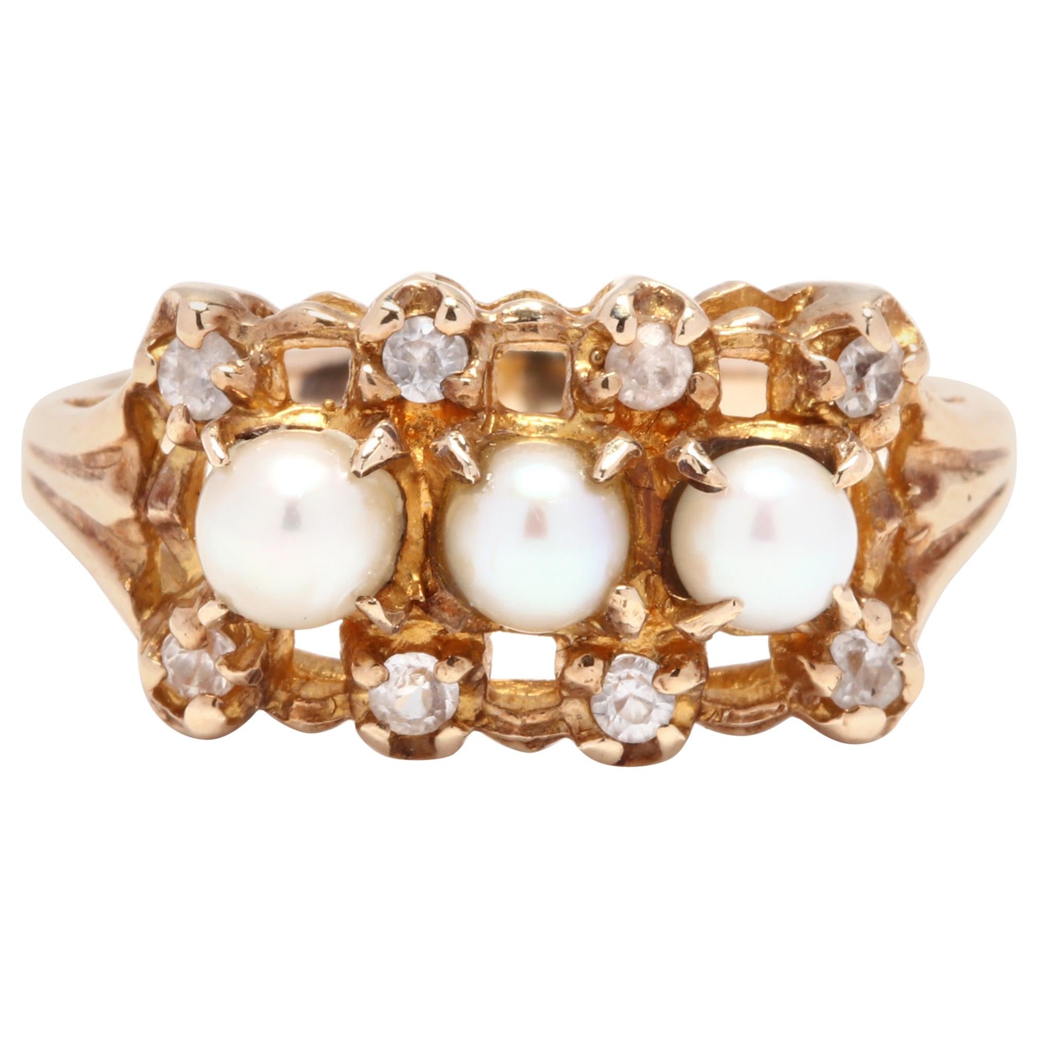 10 Karat Yellow Gold, Pearl and Diamond Ring, June Birthstone