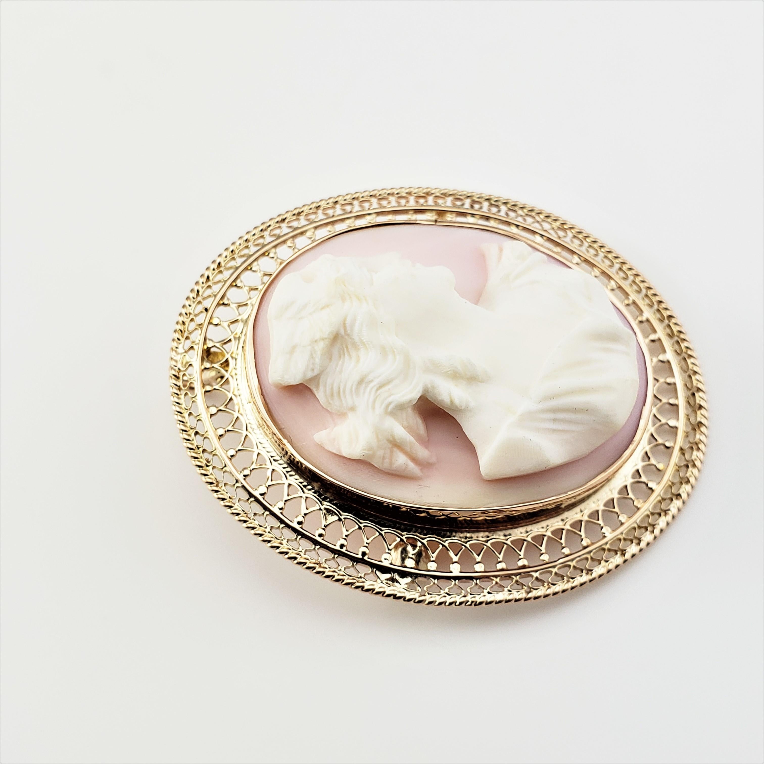 10 Karat Yellow Gold Pink Cameo Brooch/Pendant-

This elegant pink cameo features a lovely lady in profile framed in beautifully detailed 10K yellow gold filigree.  Can be worn as a brooch or a pendant.

*Chain not included

Size:  40 mm x 35 