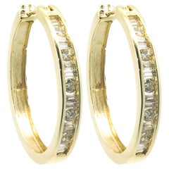 10 Karat Yellow Gold Round and Baguette Champagne Diamond Hoop Earrings