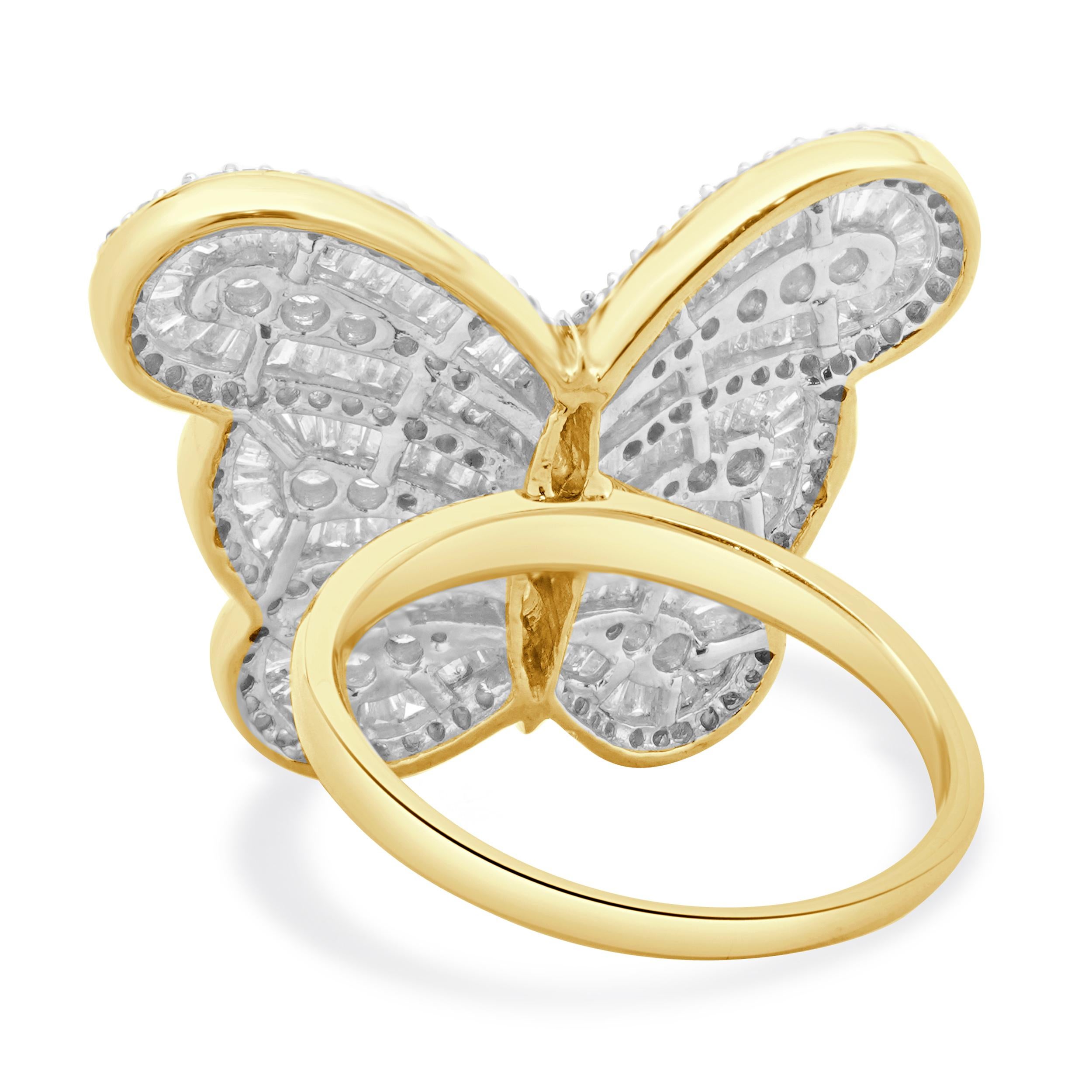 Baguette Cut 10 Karat Yellow Gold Round and Baguette Diamond Butterfly Ring For Sale