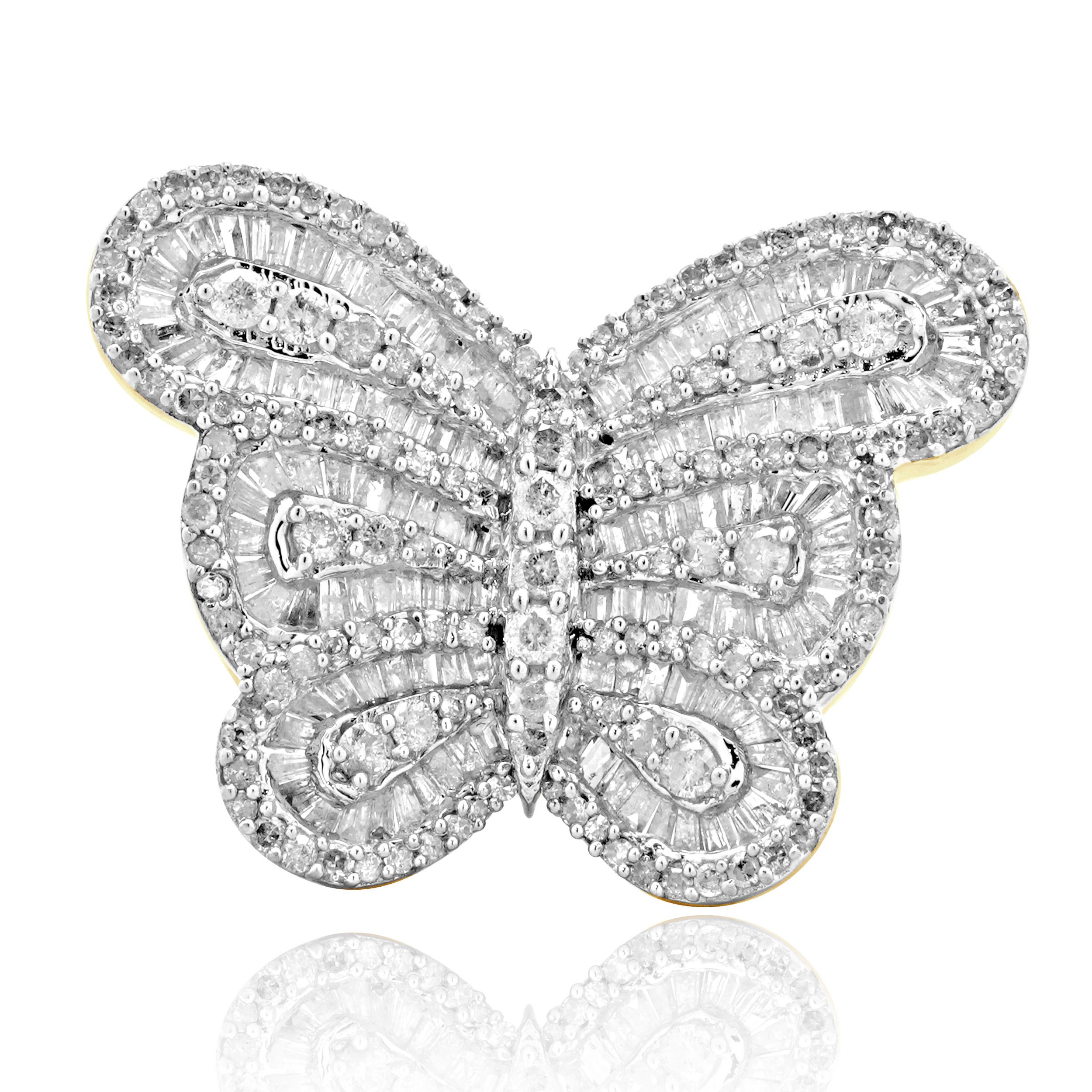 10 Karat Yellow Gold Round and Baguette Diamond Butterfly Ring For Sale