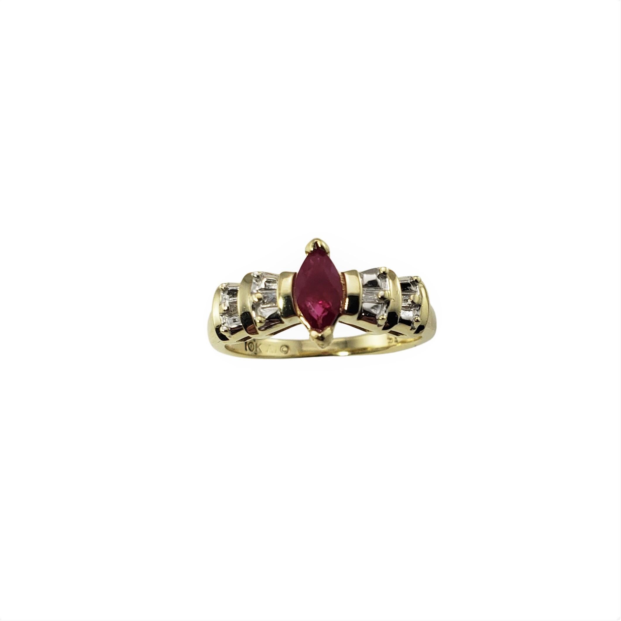 10 Karat Yellow Gold Ruby and Diamond Ring Size 6-

This lovely ring features one marquis ruby (7 mm x 4 mm) and four baguette diamonds set in classic 10K yellow gold.
Shank: 2 mm.

Approximate total diamond weight: .04 ct.

Diamond color: