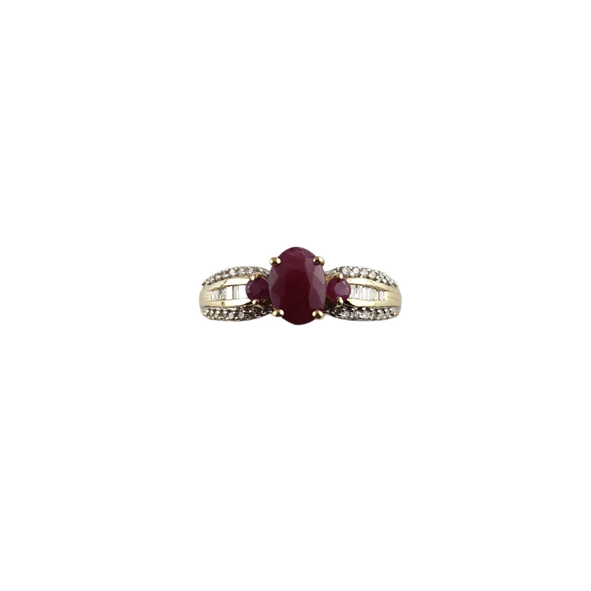 Vintage 10 Karat Yellow Gold Ruby and Diamond Ring Size 7.25-7.5

This lovely ring features three ruby gemstones, 24 round brilliant cut diamonds and ten baguette diamonds set in classic 10K yellow gold. Width: 7 mm. Shank: 2 mm.

Approximate total