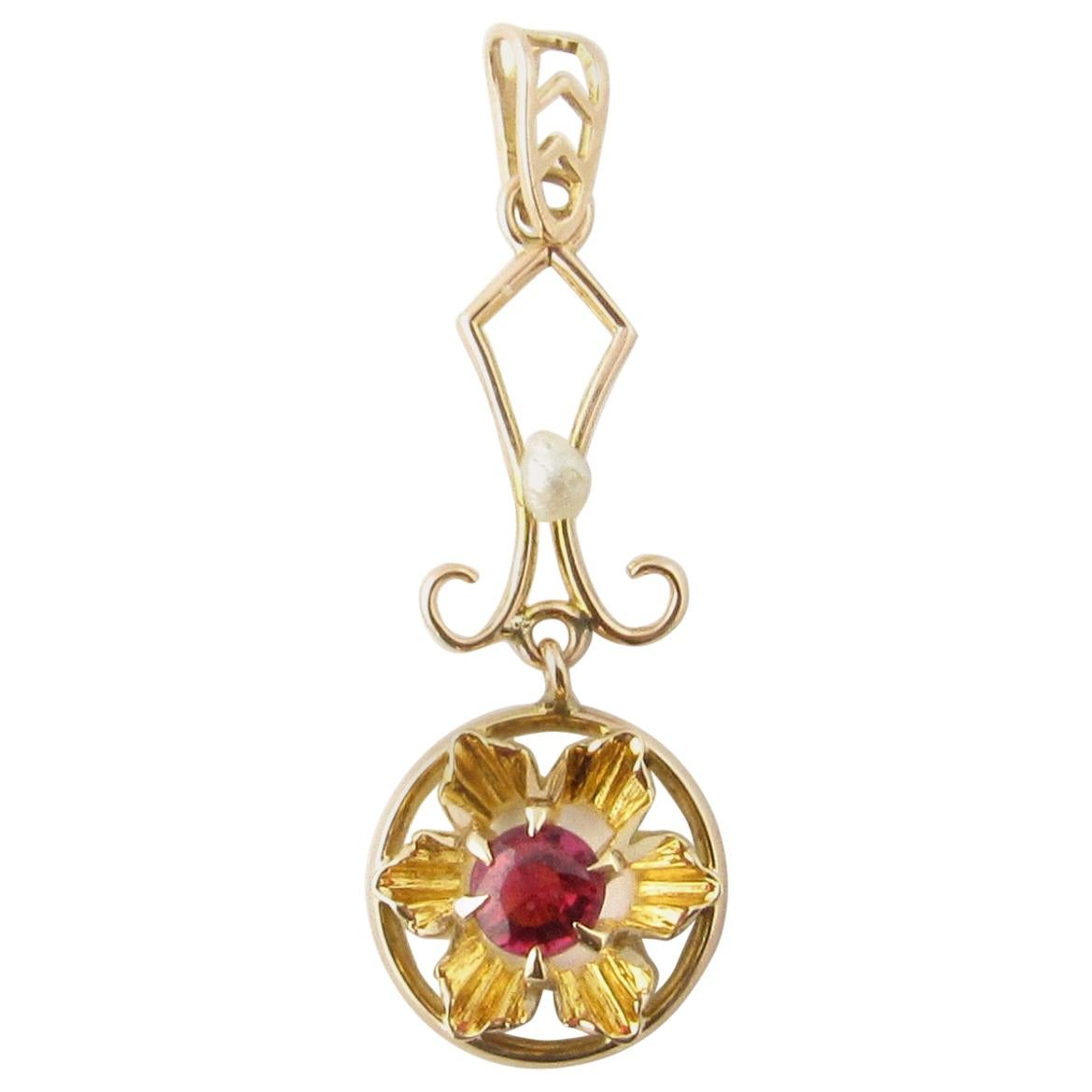 10 Karat Yellow Gold Ruby and Pearl Pendant