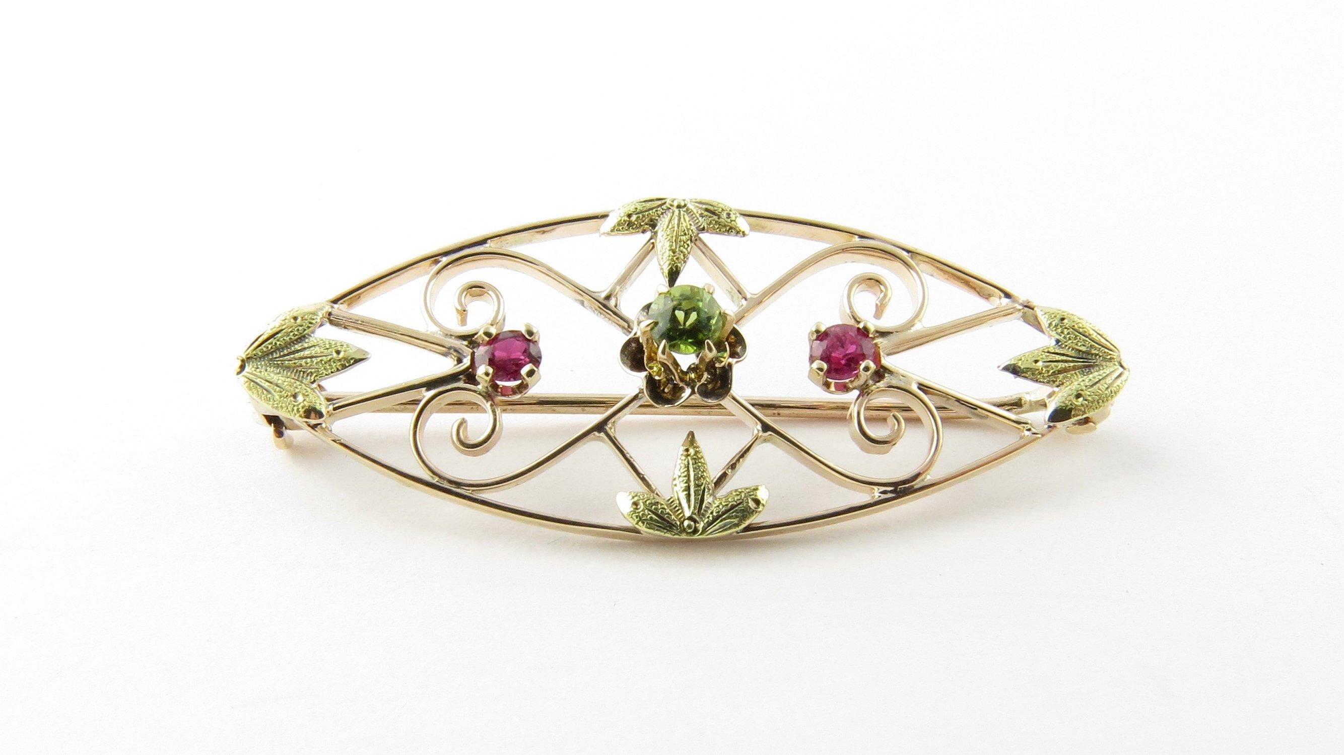10 Karat Yellow Gold Ruby and Peridot Brooch or Pin In Good Condition In Washington Depot, CT
