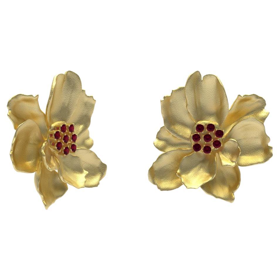 Contemporary 10 Karat Yellow Gold Ruby Wild Flower Earrings For Sale