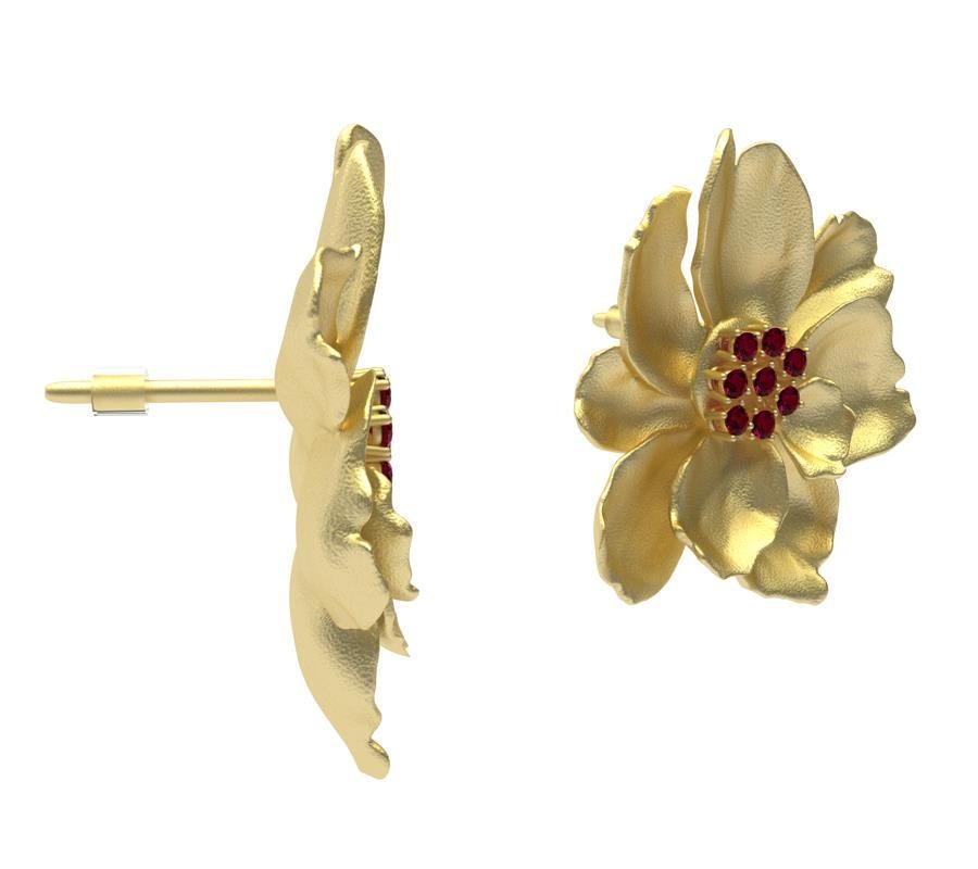 Round Cut 10 Karat Yellow Gold Ruby Wild Flower Earrings For Sale
