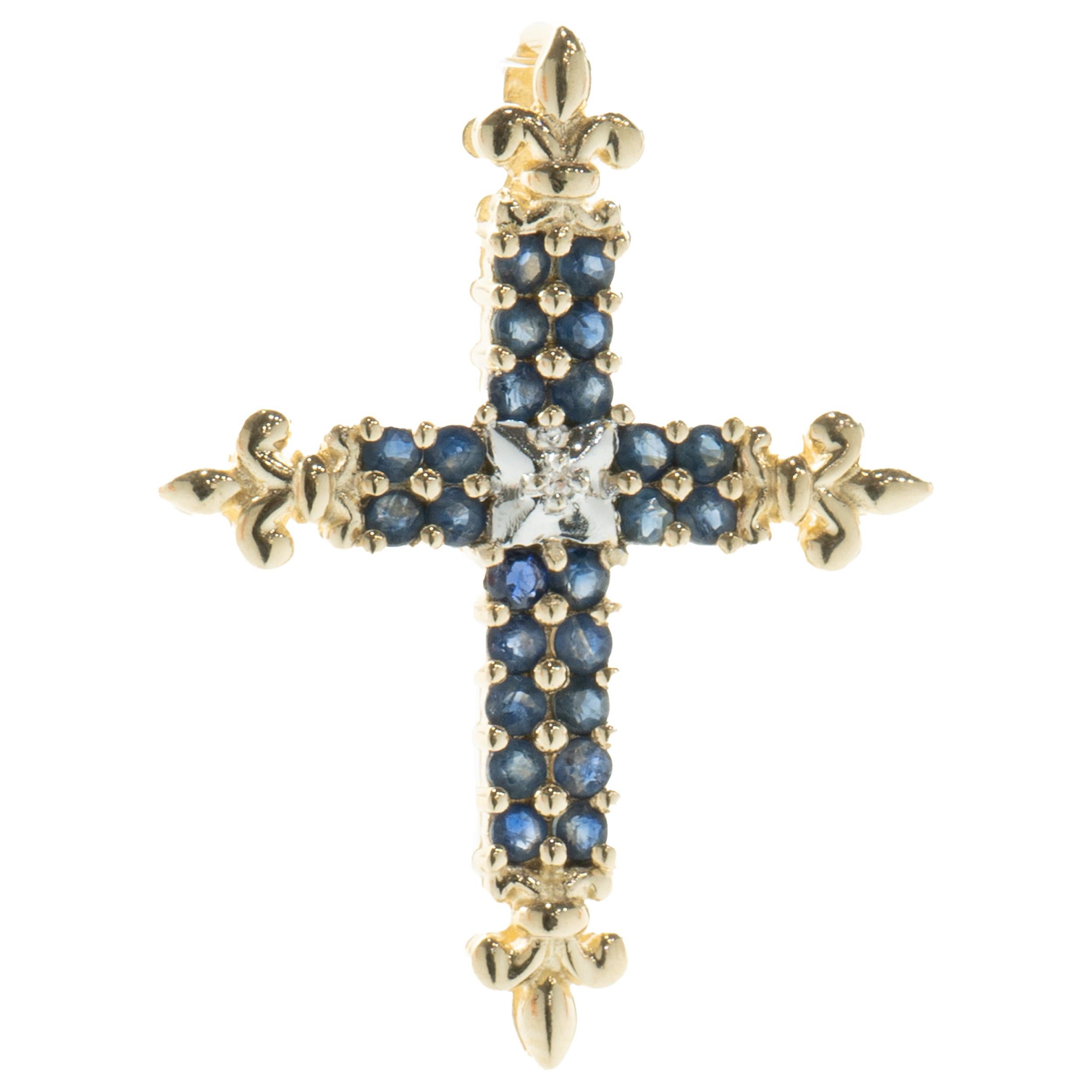 10 Karat Yellow Gold Sapphire and Diamond Cross Pendant In Excellent Condition For Sale In Scottsdale, AZ