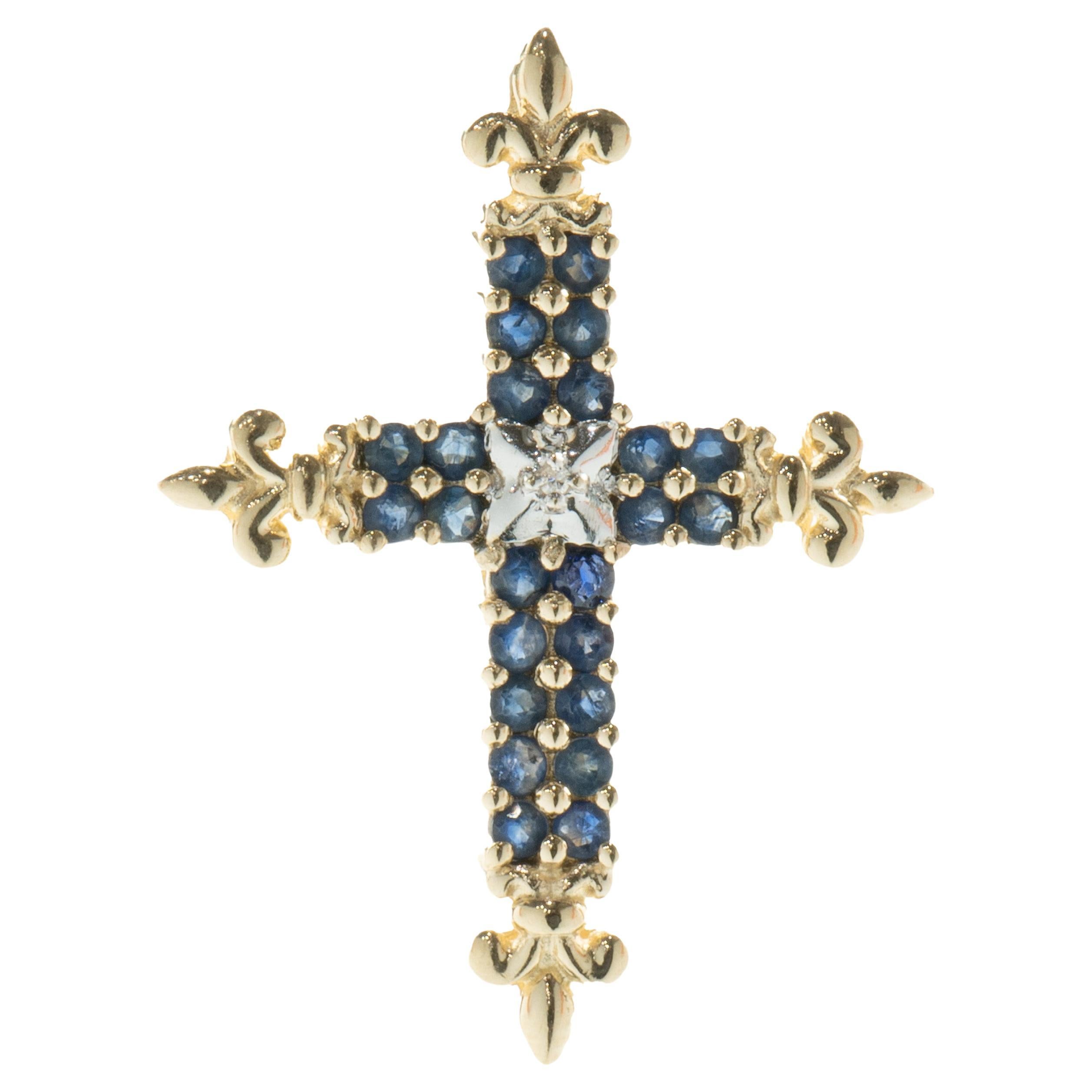 10 Karat Yellow Gold Sapphire and Diamond Cross Pendant For Sale