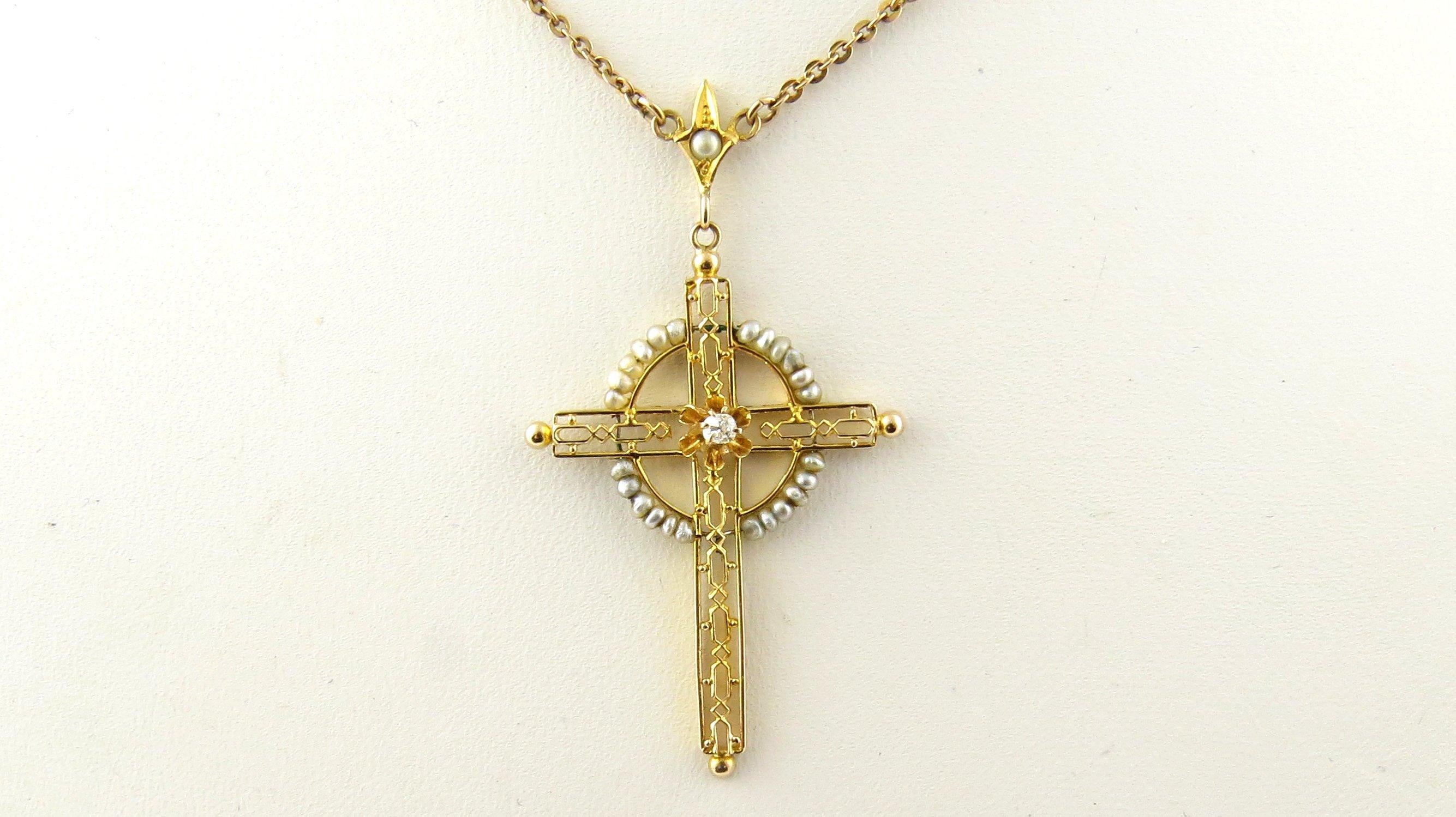 Women's 10 Karat Yellow Gold, Seed Pearl and Diamond Cross Pendant Necklace