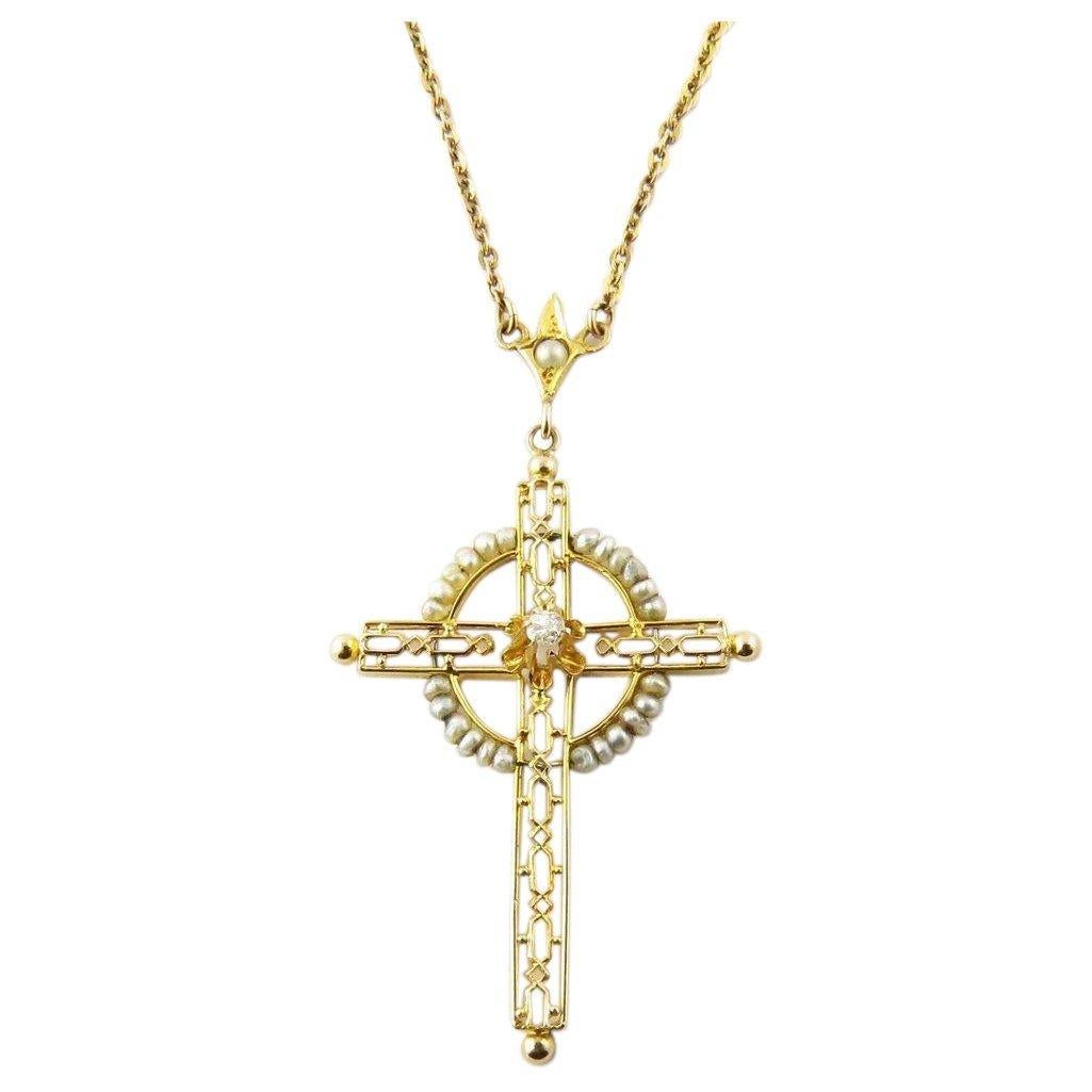10 Karat Yellow Gold, Seed Pearl and Diamond Cross Pendant Necklace 1